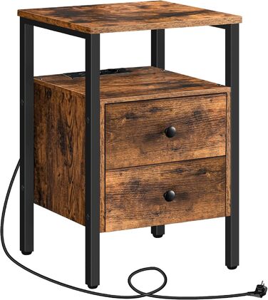 Тумба приліжкова HOOBRO з USB-зарядкою, 2 шухляди, темно-коричнева, 40x40x61 см, сучасна, для спальні та вітальні