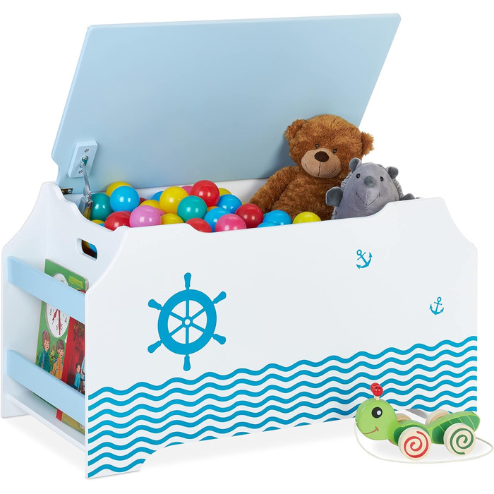 Іграшкова скриня Relaxdays Seemann з кришкою, 46x84x42,5 см, біло-синя, з відділенням для книг, ігрова коробка для зберігання іграшок