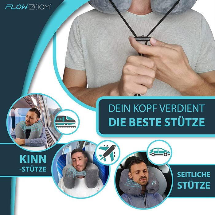 FLOWZOOM AIR надувна подушка для шиї з капюшоном, сіра, розмір L – дорожня подушка для літака, швидке надування, ортопедична подушка для подорожей для дорослих