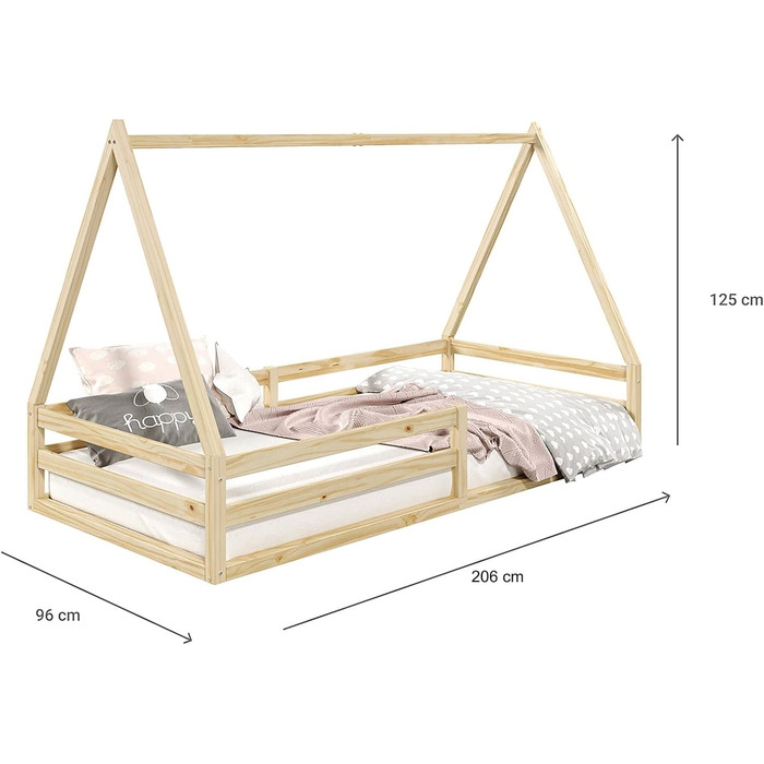 Дитяче ліжко-будиночок IDIMEX SILA з масиву сосни 90x190 см, Montessori, з бортиком і дахом, натуральне дерево