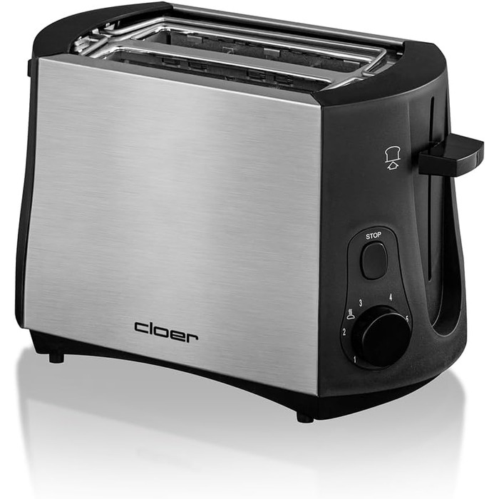 Тостер Cloer 3419 на 2 тости, 825 Вт, з підставкою для булочок, підйомником, піддоном для крихт, теплоізольований корпус із нержавіючої сталі, чорний