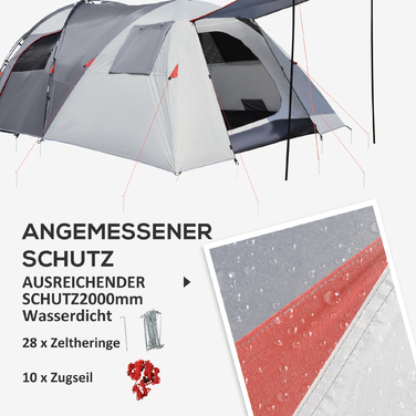 Outsunny Camping Tent 5-місний тунельний намет зі спальнею, сумка для перенесення, водяний стовп 2000 мм, сітчасте вікно, сірий