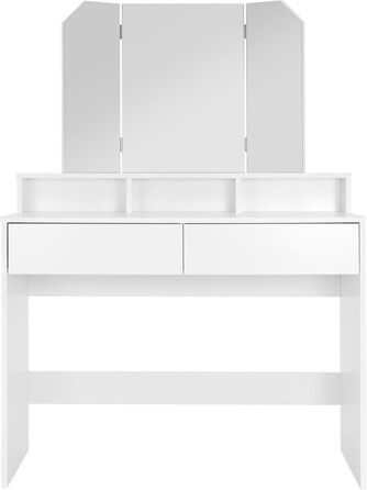 Білий туалетний столик ML-Design з трисекційним дзеркалом, 2 шухлядами та 3 відкритими полицями, 100x40x140 см, сучасний косметичний стіл