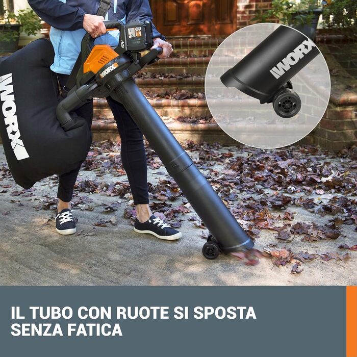 WORX WG505E Trivac: Електричний повітродув та пилосос для листя 3000 Вт – 3-в-1 (повітродув, пилосос, мульчер) – швидкість повітря 335 км/год, об'єм всмоктування 600 м³/год – з мішком 45 л