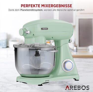 Кухонна машина Arebos Retro 1800W з чашею 6L з нержавіючої сталі | Кухонний міксер з 6 насадками (для тіста, збивання, збивання) та захистом від бризок