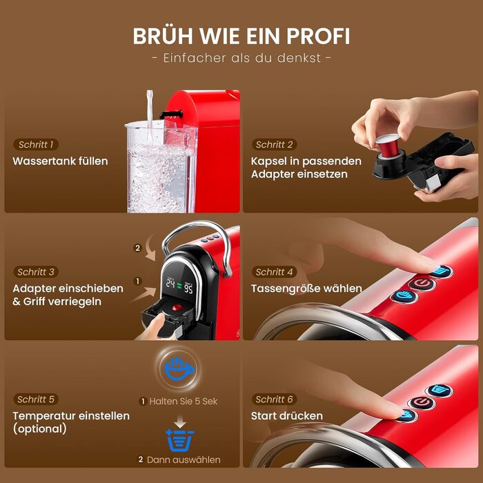 Кавомашина Magician1 Mini Kapselmaschine 5в1 для Nespresso, Dolce Gusto, Lavazza A Modo Mio, ESE 44, кавової гущі | 20 бар, 1450 Вт, LED-дисплей, 7 рівнів води | для дому та офісу, червона
