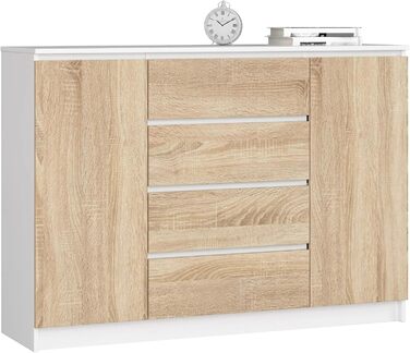 Комод AKORD K 140 см, 4 шухляди, 2 двері, білий/сонома, сучасний дизайн, для вітальні, спальні, кабінету, ламінована ДСП