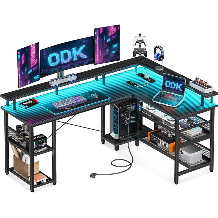 Ігровий стіл ODK з LED-підсвіткою, реверсивний кутовий комп'ютерний стіл 168×120 см, з 2 розетками, 2 USB-портами, мережева полиця, карбон, чорний