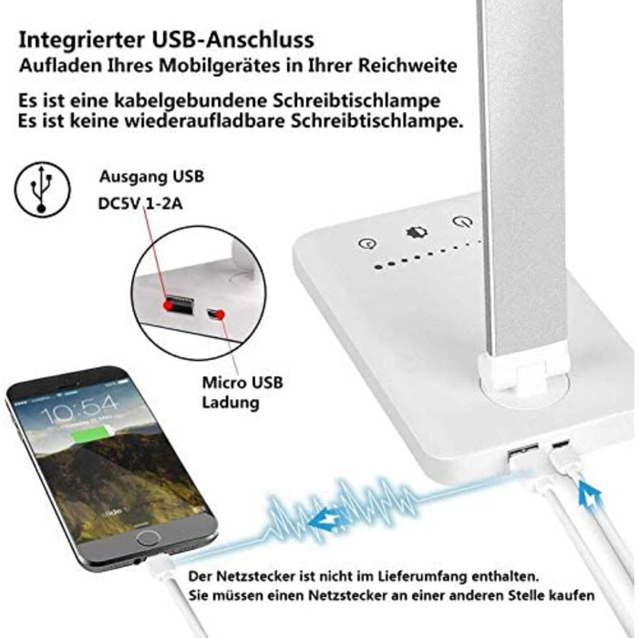 LED настільна лампа SLATOR, димована, 5 кольорів і 10 рівнів яскравості, з USB для зарядки смартфона, нічник, читальна лампа для дітей і дорослих, алюміній, срібляста, модель QM019
