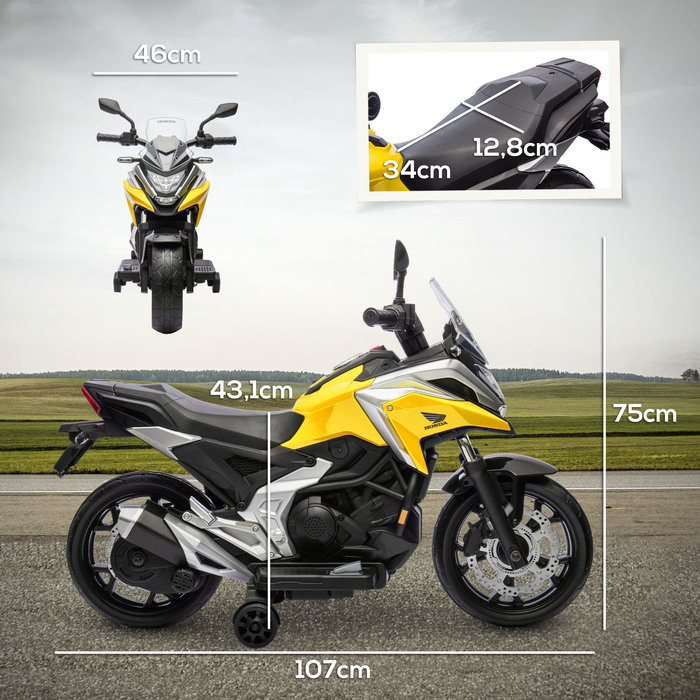 Електромотоцикл для дітей Honda, 3 км/год, музика та світло, для дітей 3-6 років, до 30 кг, жовтий