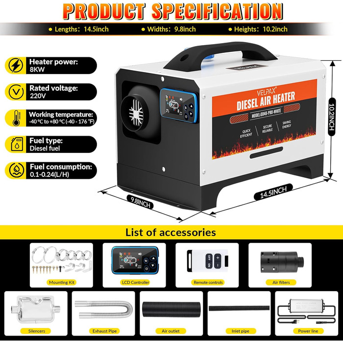 Дизельний обігрівач Diesel Air Heater 8 кВт з дистанційним керуванням та LCD дисплеєм 12/24/110-240 В, Bluetooth, для автодому, автомобіля, причепа