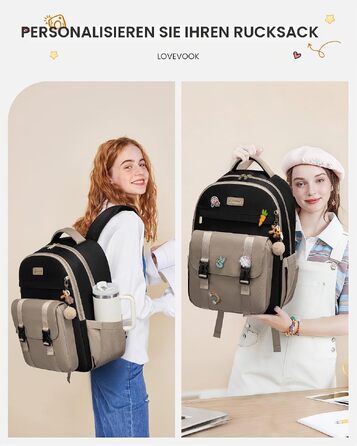 Жіночий рюкзак LOVEVOOK для ноутбука 15.6 дюймів, шкільний рюкзак для дівчат та підлітків, коричнево-чорний