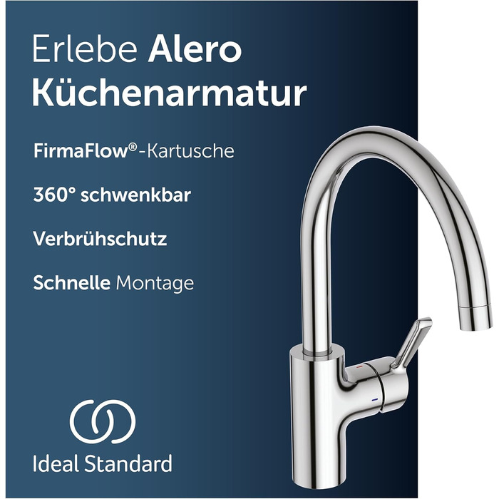 Змішувач кухонний Ideal Standard Alero з висувним душем, поворотний 360°, економія води 12 л/хв, хром (C-вилив)