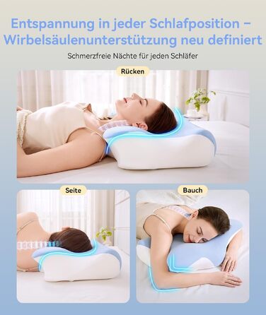 Ортопедична подушка з піни Memory Foam 2-в-1 для сну на боці, спині та животі, 60x41.5x10/12 см (Біло-синя)