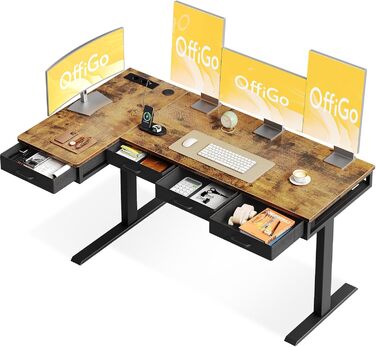 Регульований кутовий стіл OffiGo 160x80 см з 4 ящиками, електричний, для офісу/кабінету, коричневий, вінтажний стиль