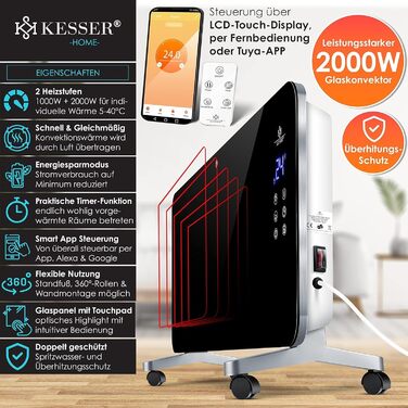 KESSER Електричний скляний конвектор 2000 Вт з Wi-Fi, сенсорним екраном, таймером, пультом, для підлоги або стіни, білий