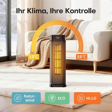 Електричний обігрівач QEXREED 2000W з PTC, 4 режими, ECO, осциляція 90°, таймер 24г, пульт, тихий, захист від перегріву та перекидання