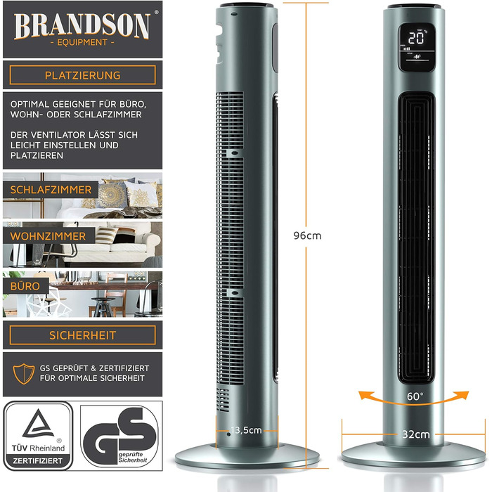 Турмовентилятор Brandson з пультом, 96 см, 3 швидкості, осциляція 60°, сріблясто-м'ятний, підлоговий мобільний вентилятор, переможець 2024 року