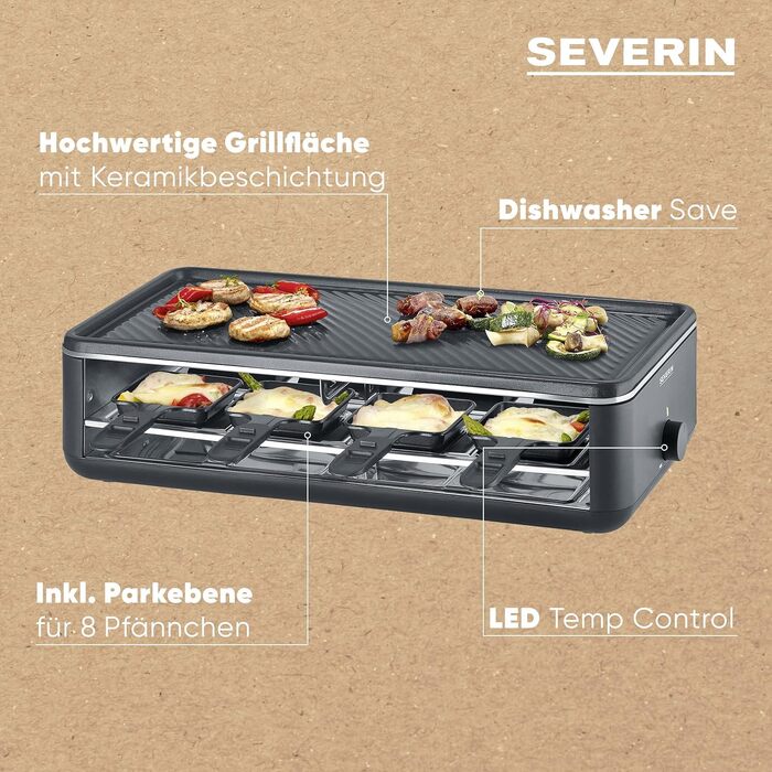 Ракле-гриль SEVERIN RG 2365 Black Line Lite для 8 осіб з антипригарною гриль-панеллю та глибокими піддонами, посудомийка-safe