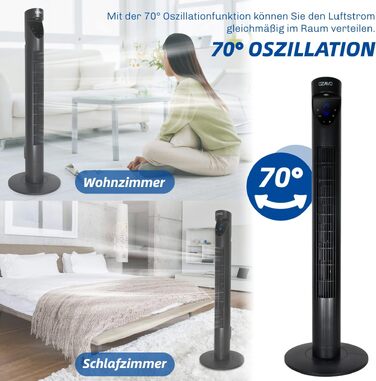 Вентилятор вежовий Turmventilator з пультом, LED-дисплеєм, 3 швидкості, таймером, 70° осциляція, 3 режими, 50W, 97.5 см, чорний