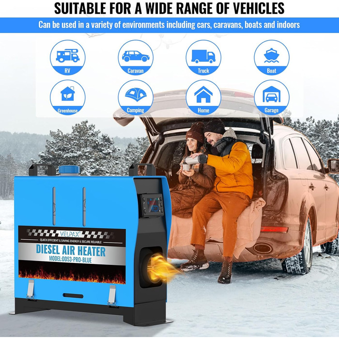 Автономний дизельний обігрівач VELPAX All in One 8кВт, портативна повітряна опалення 12V/24V/220V з LCD-дисплеєм та пультом для авто, вантажівок, кемперів та човнів (Синій)
