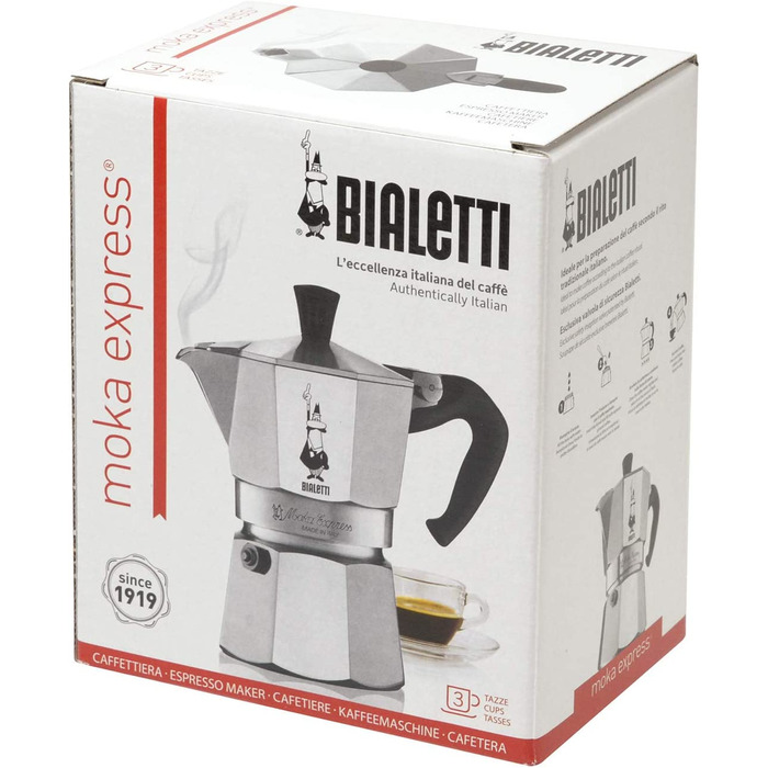 Bialetti Moka Express – італійська гейзерна кавоварка для плити, алюмінієва, 3 чашки (130 мл), срібляста