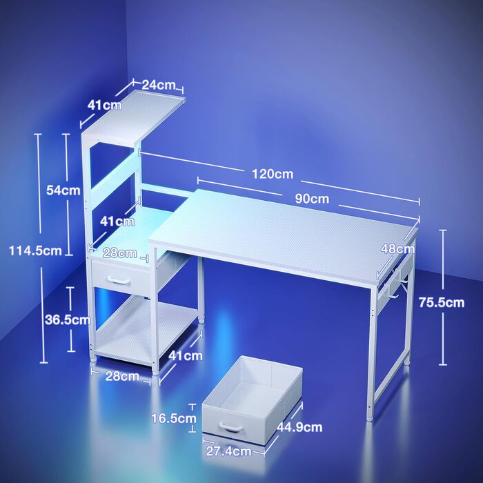 Ігровий стіл Coleshome з LED підсвіткою, білий (120x48 см) - стіл для комп'ютера з ящиками та полицею, тримачем для навушників, карбонове покриття