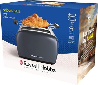 Тостер Russell Hobbs Colours Plus Edelstahl на 2 тости, сірий. З широкими слотами, підставкою для булочок, 6 режимів підсмажування, розморожуванням, функцією Lift & Look, 1600 Вт
