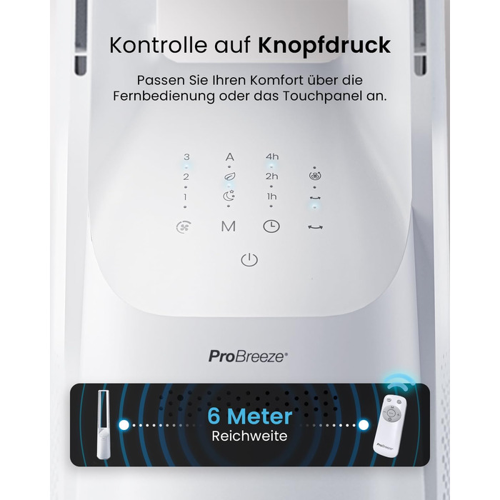 Вентилятор без лопатей Pro Breeze 101 см з пультом, LED дисплеєм, 6 швидкостями, 5 режимами, автоколиванням 60° та таймером 7 годин - білий