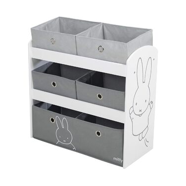 Дитячий ігровий стелаж roba miffy® з 5 сірими тканинними ящиками, білий дерев'яний органайзер з кроликом для іграшок у дитячу кімнату для хлопчиків і дівчаток