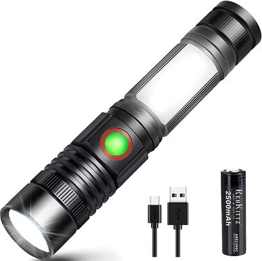 REHKITTZ LED-ліхтар надяскравий 2000 люмен, акумулятор 2500 мАг, перезаряджуваний, міні-ліхтарик з магнітом і COB, зум, універсальний ручний ліхтар для роботи
