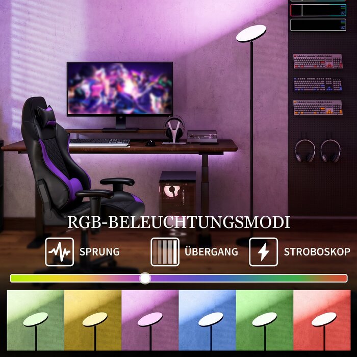 RGB торшер-аплайт, регульована яскравість, дистанційне та сенсорне керування, поворотна голова на 350°, чорний