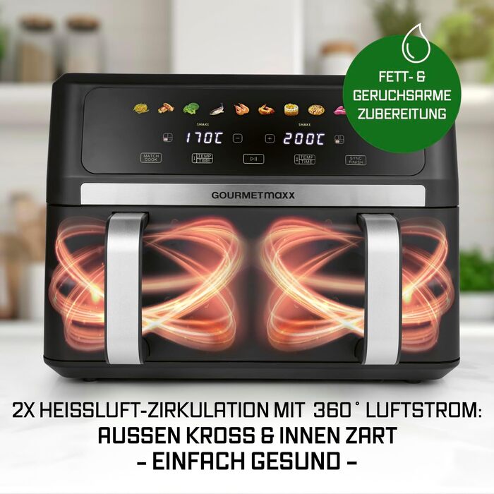 Аерофритюрниця GOURMETmaxx AirGenius 10Л з двома камерами (2x5Л), сенсорним керуванням та 10 програмами приготування, для 8 осіб