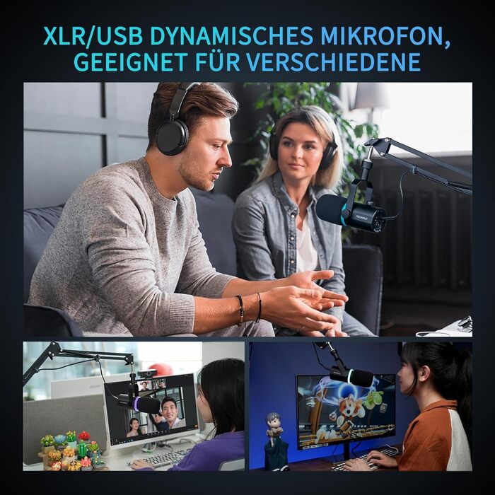 FEELWORLD PM1: Динамічний мікрофон XLR/USB з RGB-підсвіткою для подкастів, YouTube, геймінгу та студії. З навушником, підставкою та кабелем.