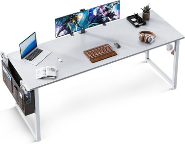 Стіл для комп'ютера ODK 160x55x73,5 см, з деревини, з тримачем для навушників та сумкою для зберігання, письмовий офісний стіл для дому та офісу, білий