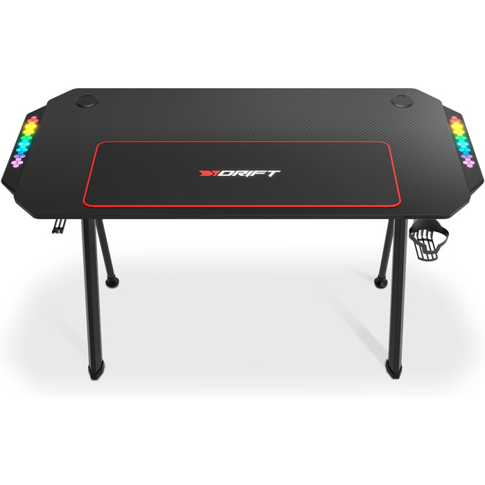 Ігровий стіл DRIFT GAMING з карбоновою поверхнею, RGB підсвіткою, підстаканниками та тримачем для навушників, чорний (DRDZ175RGB)