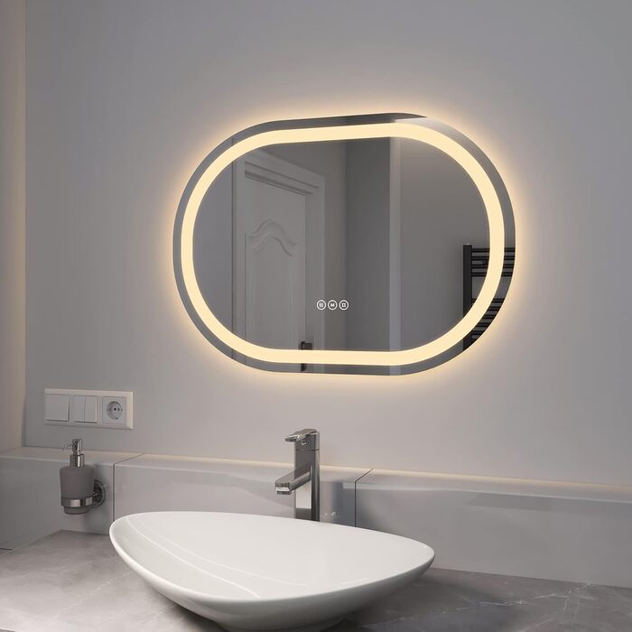 Дзеркало для ванної кімнати EMKE з підсвічуванням 80x60 см, сенсорне управління, антизапар, 3 кольори світла, регулювання яскравості, функція пам'яті, енергозбереження. Овальне дзеркало 70x50 см