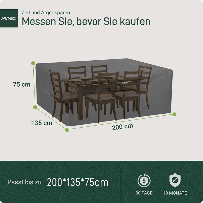 Чохол для садових меблів Awnic 200x135x75 см, 420D Oxford, водонепроникний, анти-UV, міцний, для саду та тераси