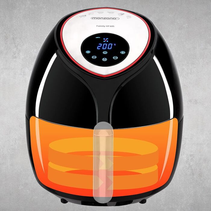 Аерофритюрниця MONZANA 6,5 л XXL, цифровий LED-дисплей, таймер, регулювання температури, 1850 Вт, з книжкою рецептів, чорна, для кухні