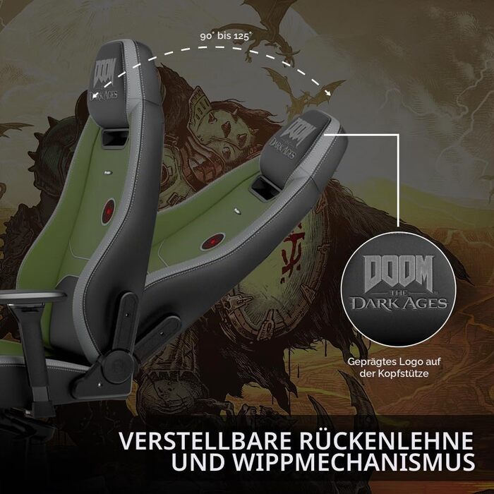 Ігрове крісло noblechairs Legend Doom: The Dark Ages Edition — ергономічний офісний стілець з підтримкою попереку, 4D-підлокітниками та шкіряним покриттям PU, до 150 кг
