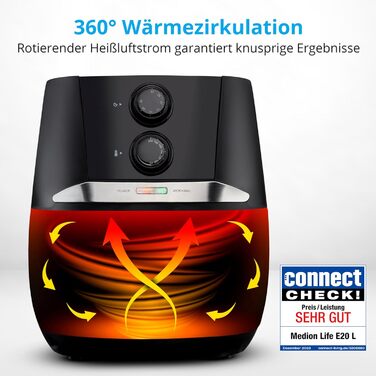 Аерофритюрниця MEDION E20 L, 3,2 л, 1400 Вт, без олії, таймер 30 хв, захист від перегріву, чорна