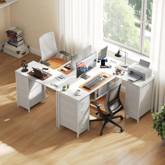 Кутовий стіл Youdenova 150x100 см з шухлядами, розеткою та USB-зарядом, білий. Стіл L-подібний з місцем для зберігання
