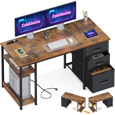 Письмовий стіл Coleshome з ящиками та розетками 130x48 см, коричневий. Комп'ютерний стіл з USB, полицею, реверсивний для офісу/вітальні