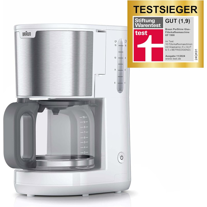 Кавоварка Braun PurShine KF 1500 WH фільтраційна, 10 чашок, скляний глечик, OptiBrew, авто вимкнення, 1000 Вт, біла