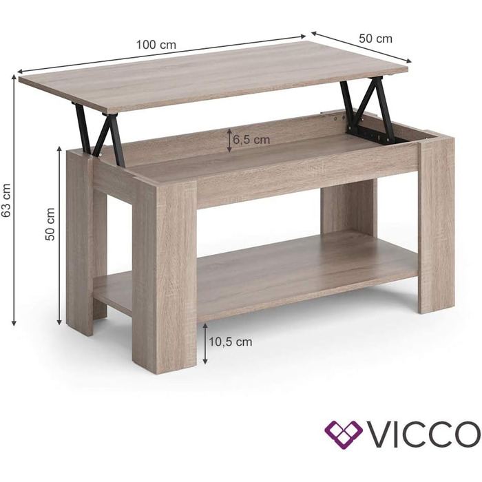 Журнальний стіл Vicco Lorenz з підйомним механізмом, 100x50 см, дуб сонома