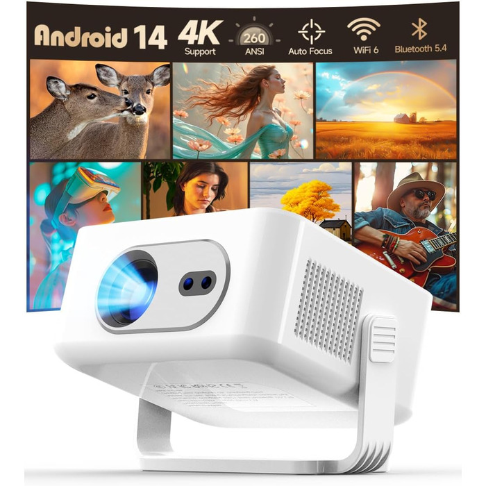 Magcubic HY300max Міні проектор 4K/8K з Android 14, WiFi 6, Bluetooth 5.4, Автофокус, для домашнього кінотеатру, білий