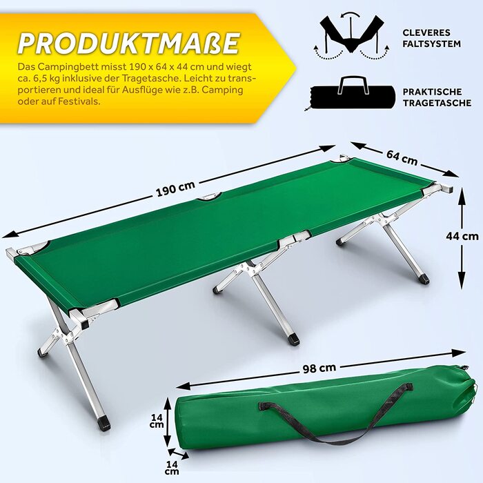 Розкладне польове ліжко TRESKO XXL 190x64x44 см, метал, до 150 кг, зелений колір, для кемпінгу