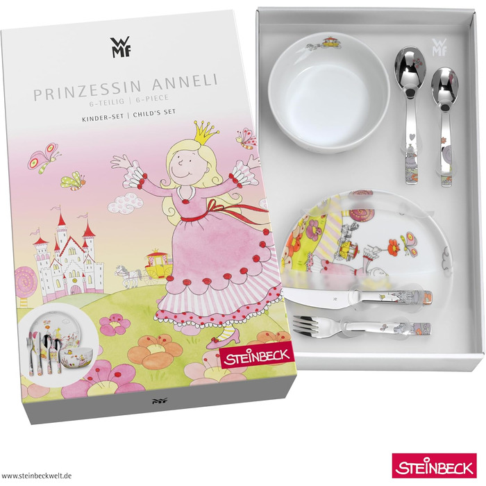 Дитячий порцеляновий набір посуду WMF Prinzessin Anneli (6 предметів) з гравіюванням імені, тарілка, миска та столові прибори для дітей від 3 років
