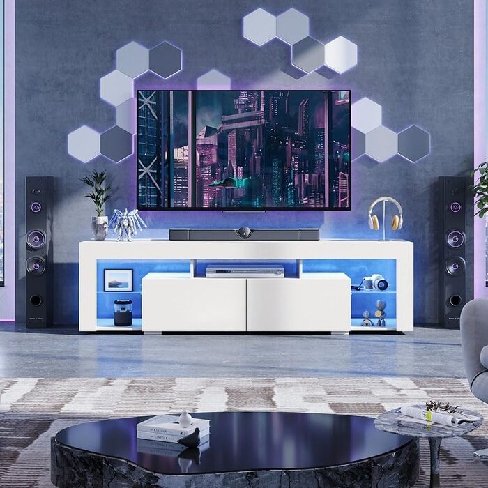 Тумба під телевізор WLIVE з LED підсвіткою, біла, 160x35x45 см, для телевізорів до 70 дюймів, з відкритими полицями та 2 шухлядами для вітальні