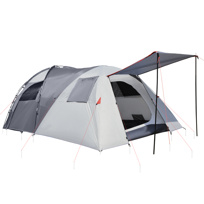 Outsunny Camping Tent 5-місний тунельний намет зі спальнею, сумка для перенесення, водяний стовп 2000 мм, сітчасте вікно, сірий